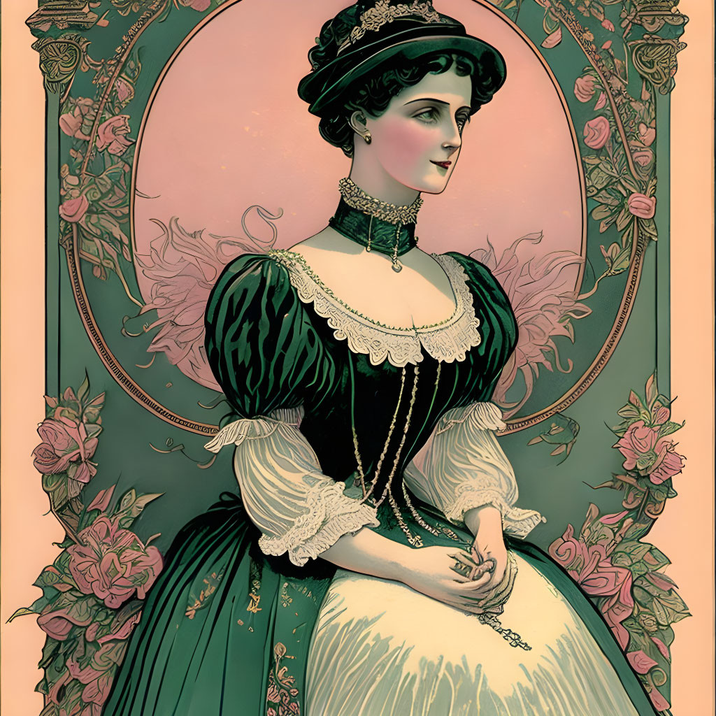 Victorian Woman in Green Dress with Lace Sleeves and Black Hat surrounded by Floral Patterns