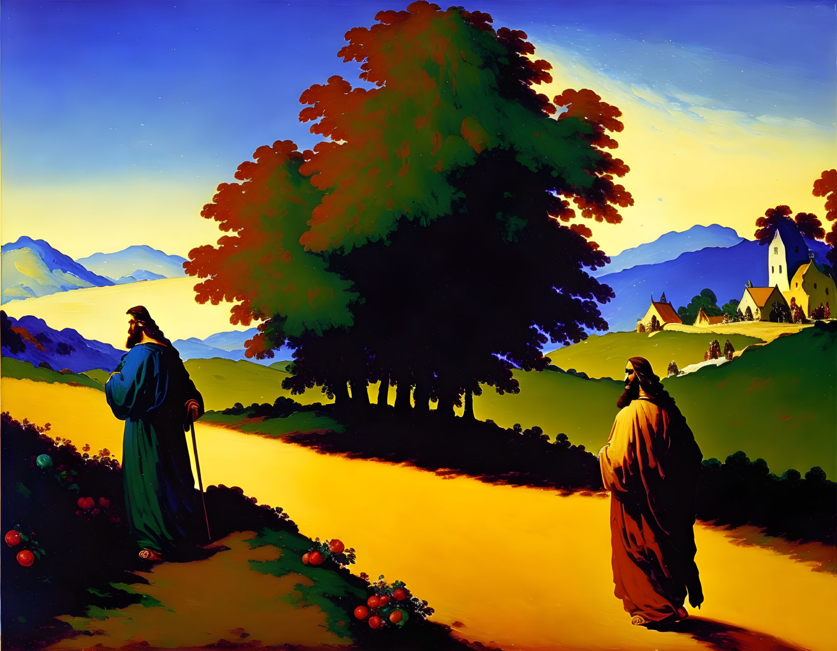 Colorful painting of two figures walking to village church amid hills.