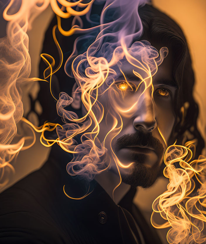 Man Portrait with Glowing Eyes in Golden Smoke on Amber Background