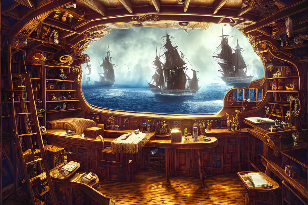 Wooden ship cabin with large window overlooking tall ships at sea and maritime decor.