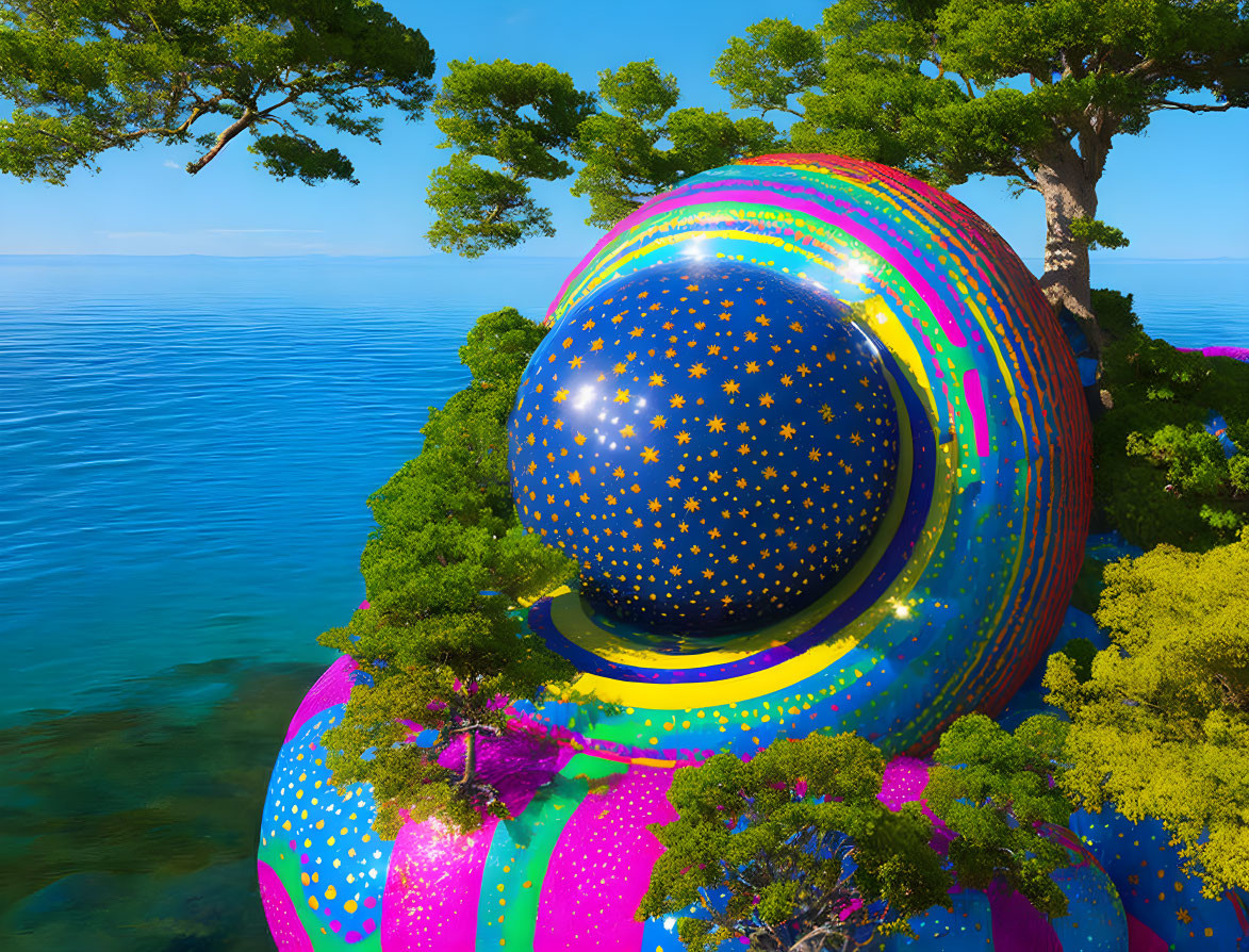 Colorful Sphere with Star Patterns Among Vibrant Trees by Calm Blue Sea