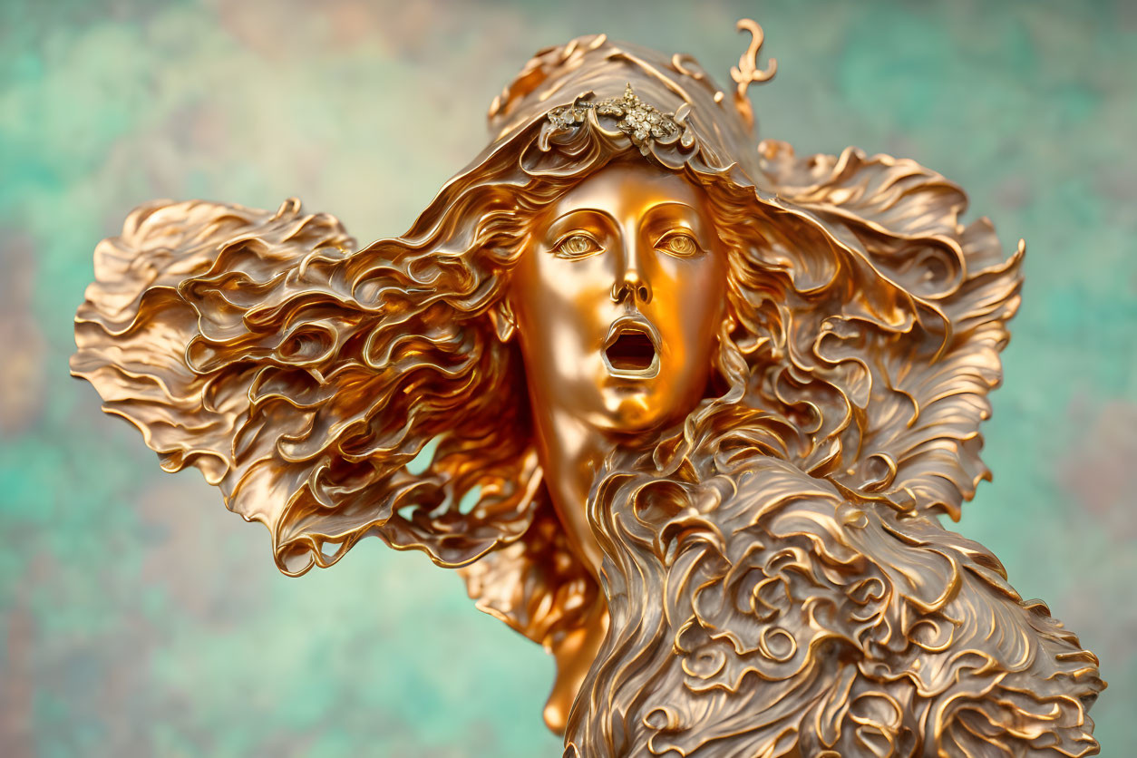 Golden statue of female figure with flowing hair and expressive face.