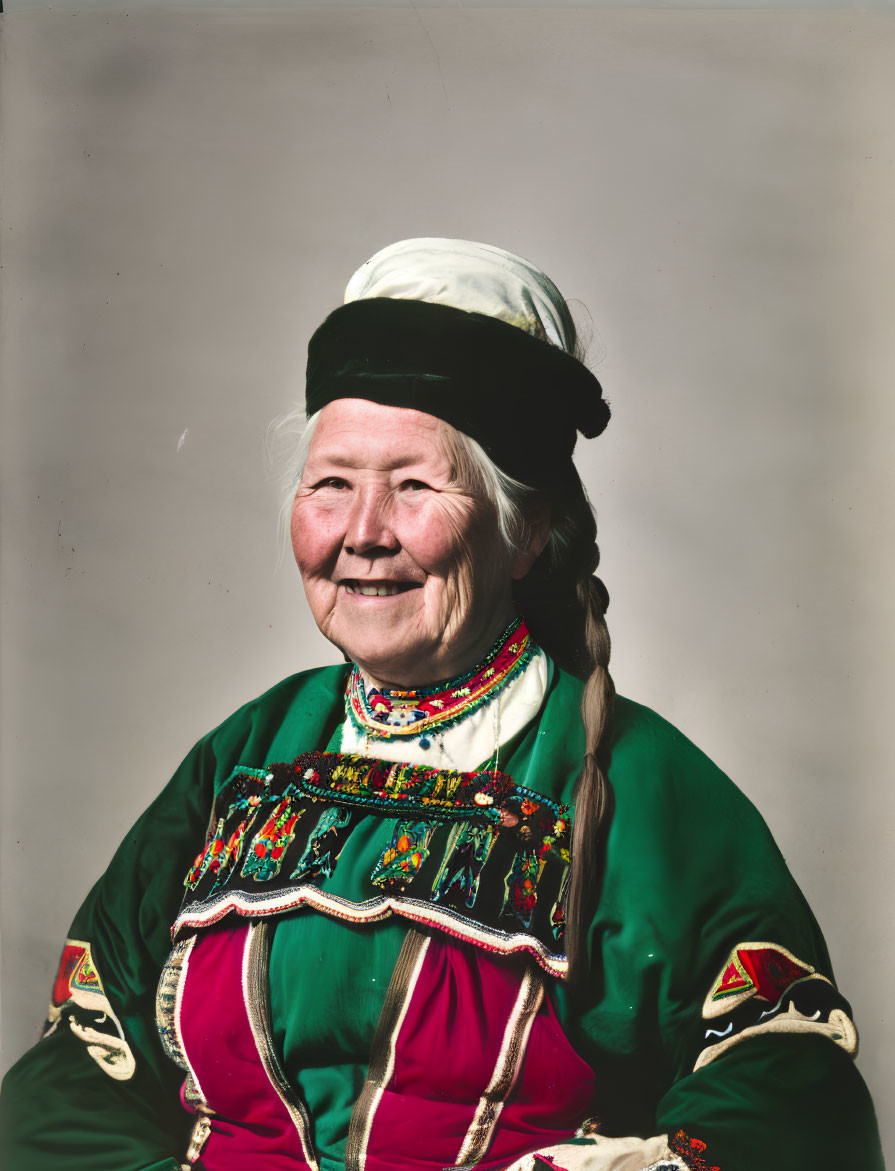 Elderly woman in green dress with colorful embroidery and black hat