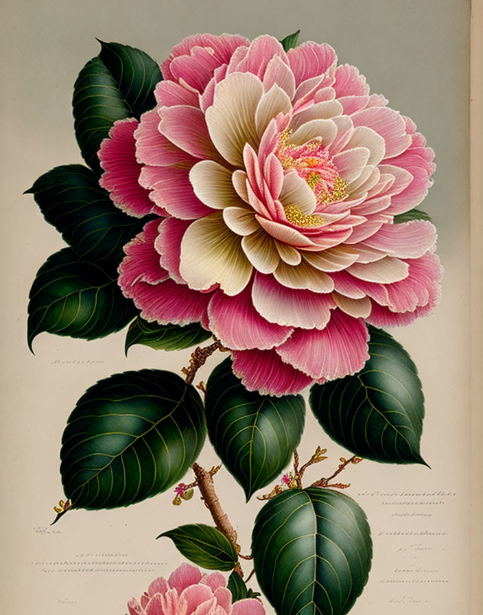 Large Pink and White Camellia Flower Illustration with Green Leaves and Branch