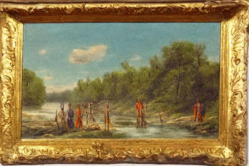 Traditional attire figures by serene river in classic oil painting frame