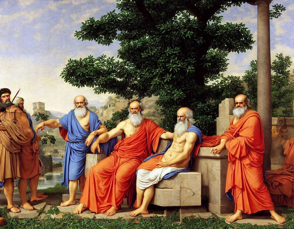 Classical philosophers in toga discussing under tree with ancient cityscape.