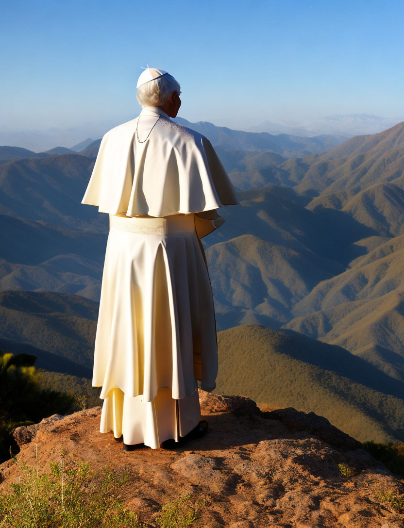 Person in white religious robes on mountain overlooking rolling hills under blue sky