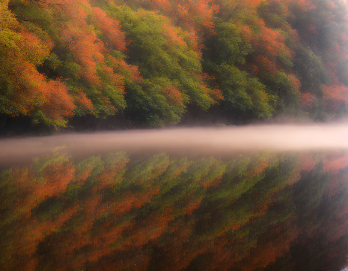 Autumn Trees Reflection on Foggy Water Surface