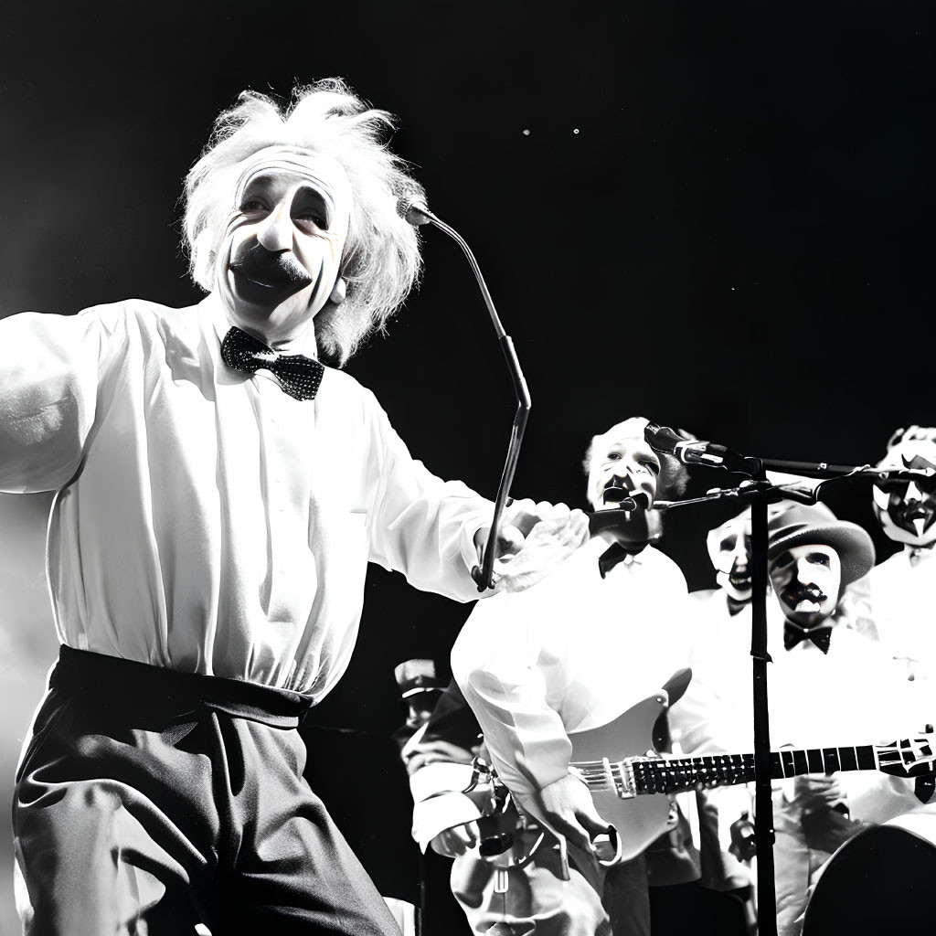 Colorful Clown Performer Singing with Band and Vintage Microphone