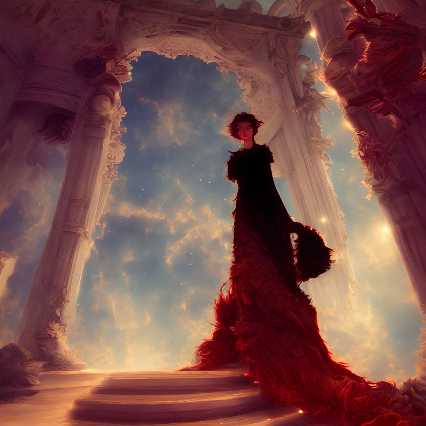 Regal figure in red dress at ornate archway under starry sky