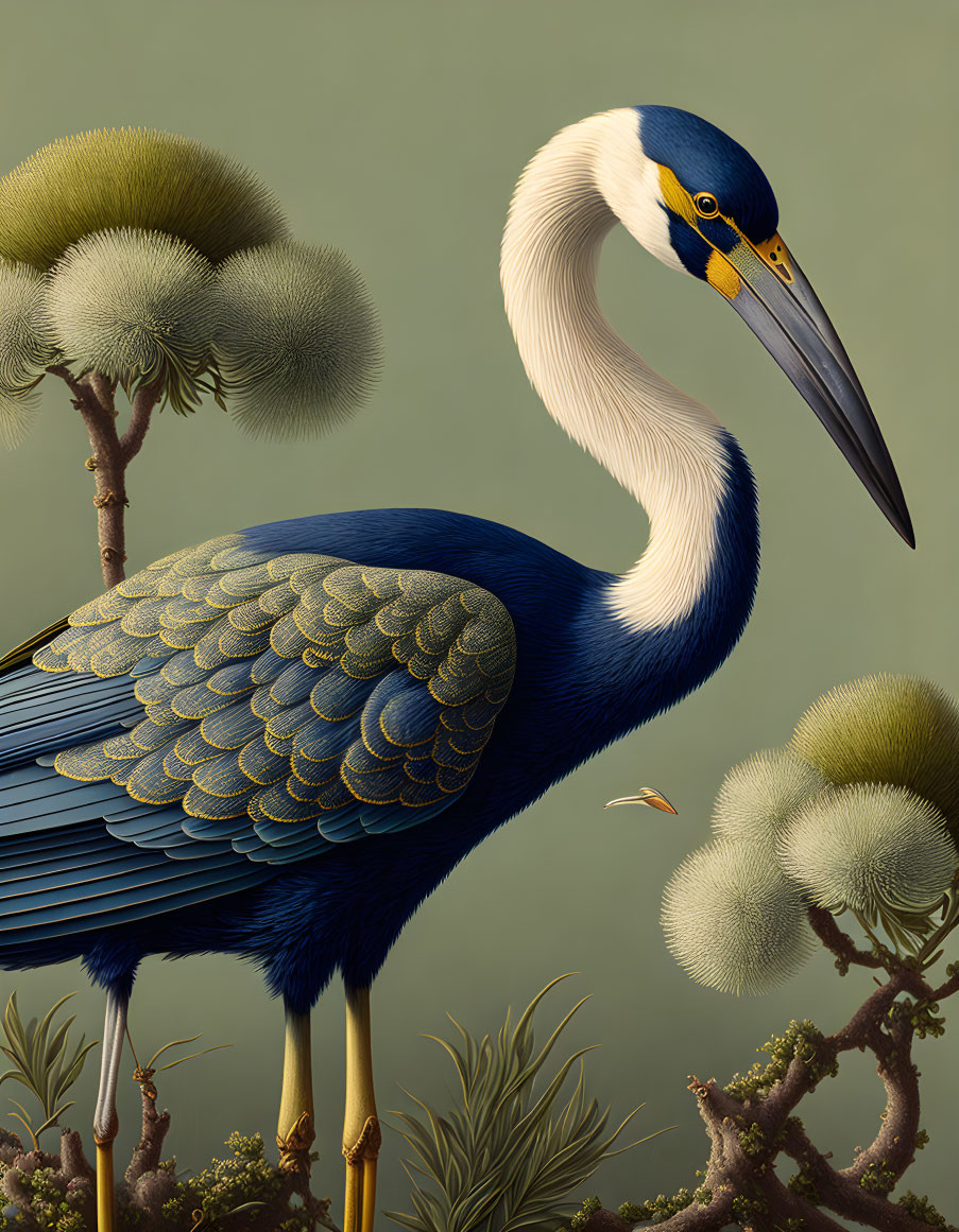 Detailed Stylized Blue Heron Among Green Trees Artwork