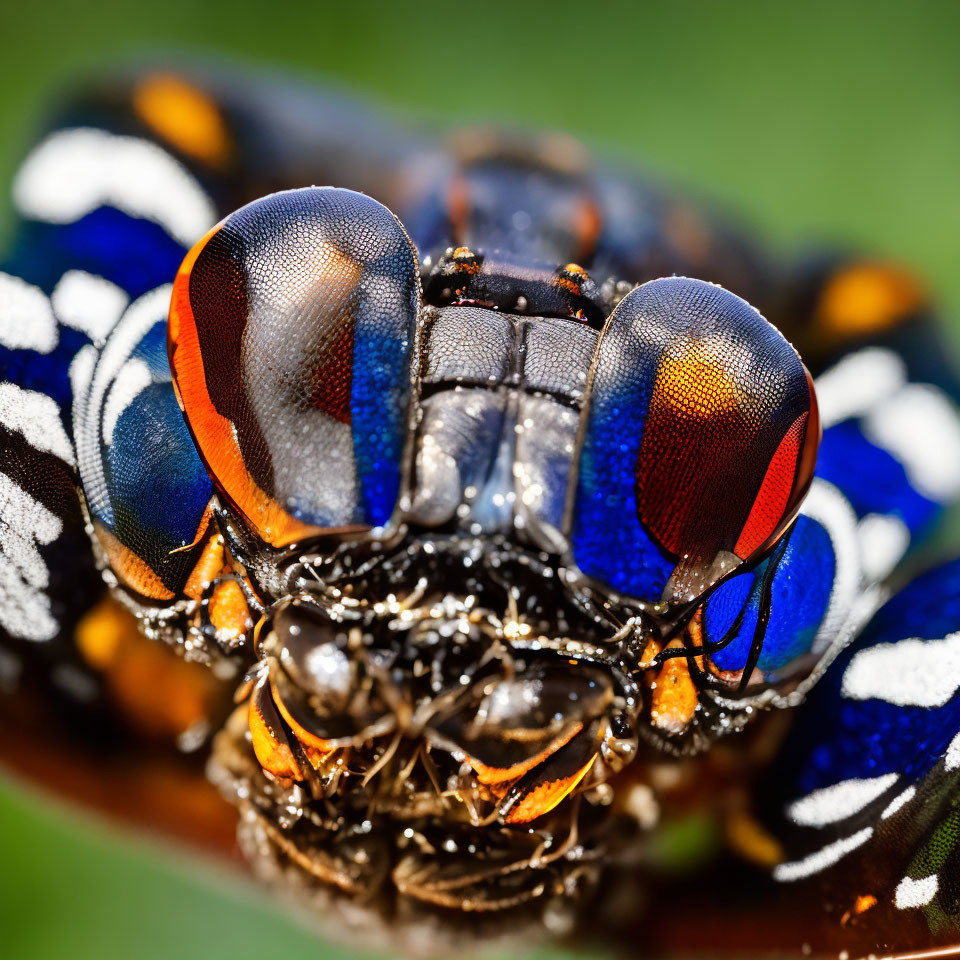 Colorful butterfly with intricate eye pattern and detailed antenna structure on vivid green background