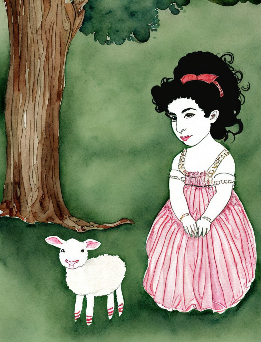 Colorful watercolor illustration of woman in pink dress with red bow, tree, and sheep on grass