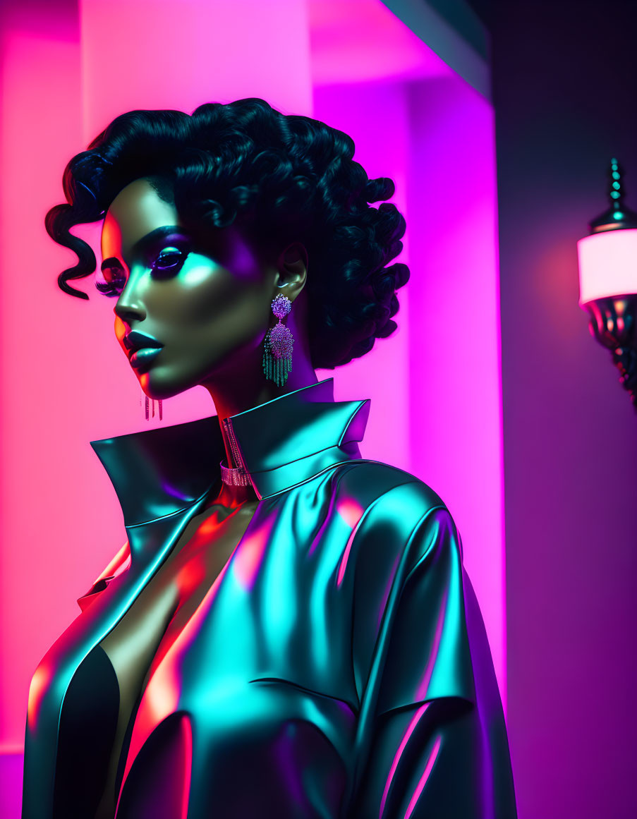 Portrait of woman with curly hair in futuristic attire on neon backdrop