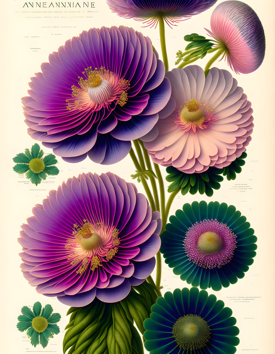 Detailed vintage botanical illustration of purple anemone flowers