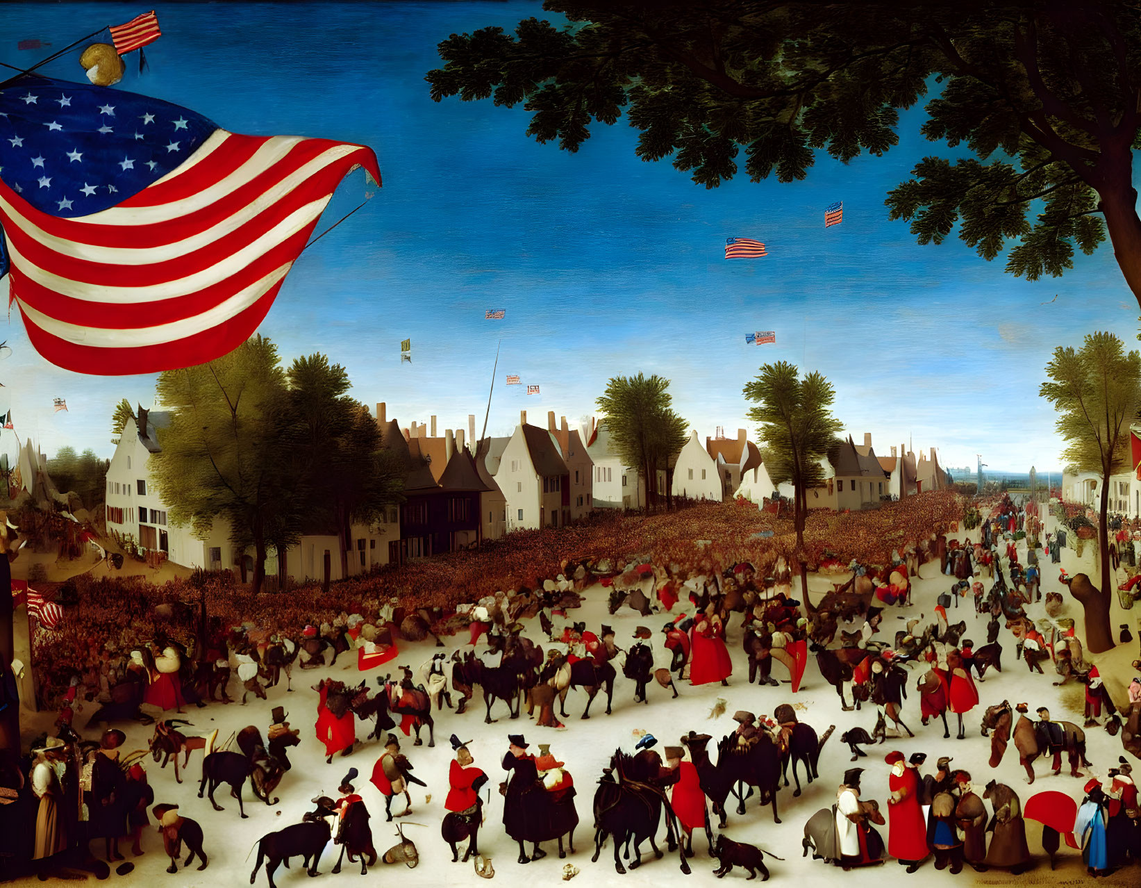 Historical painting of patriotic parade with American flags in village