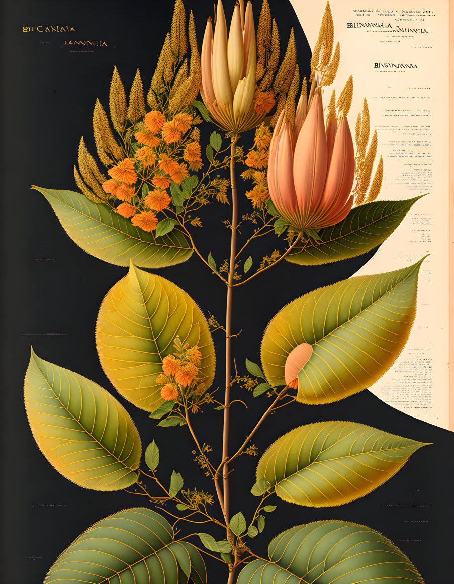 Botanical illustration of plant with green leaves and orange flowers.