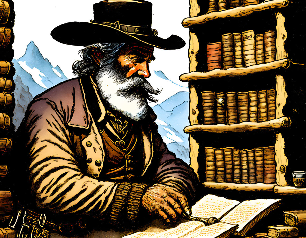 Bearded man in cowboy hat reading book by shelf with mountains