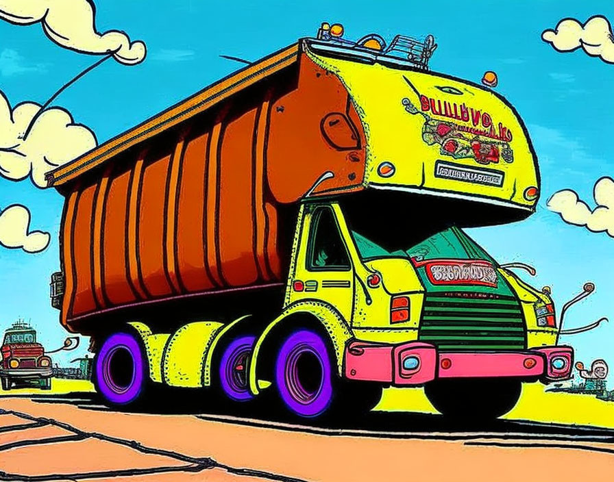 Colorful Dump Truck Illustration on Winding Road with "Caution: Landslide" Sign