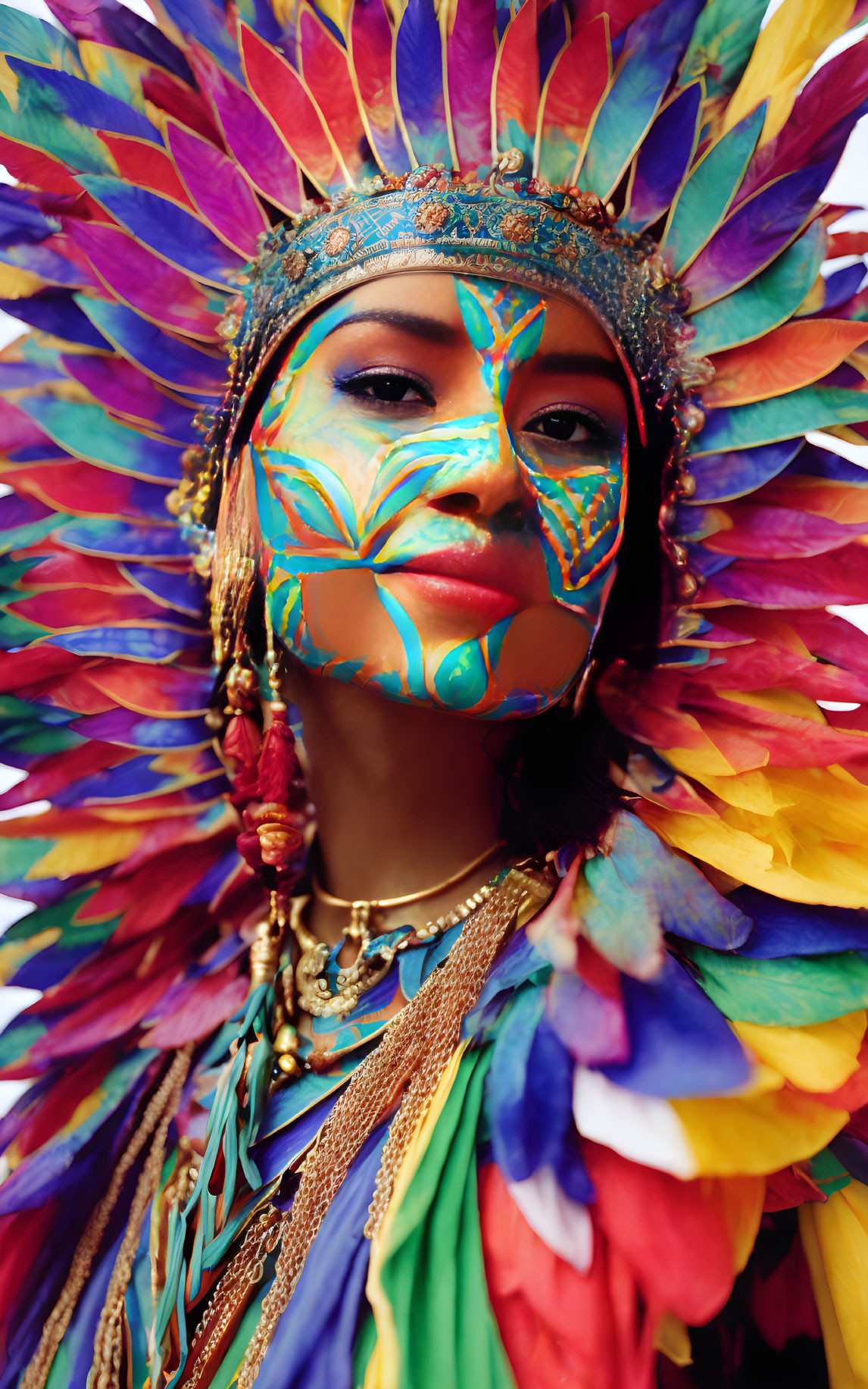 Vibrant Feather Headdress and Ethnic Jewelry on Colorful Face Paint