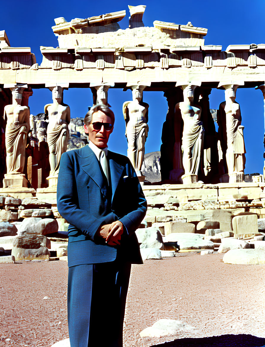 Man in Blue Suit at Ancient Greek Ruins with Carved Statues