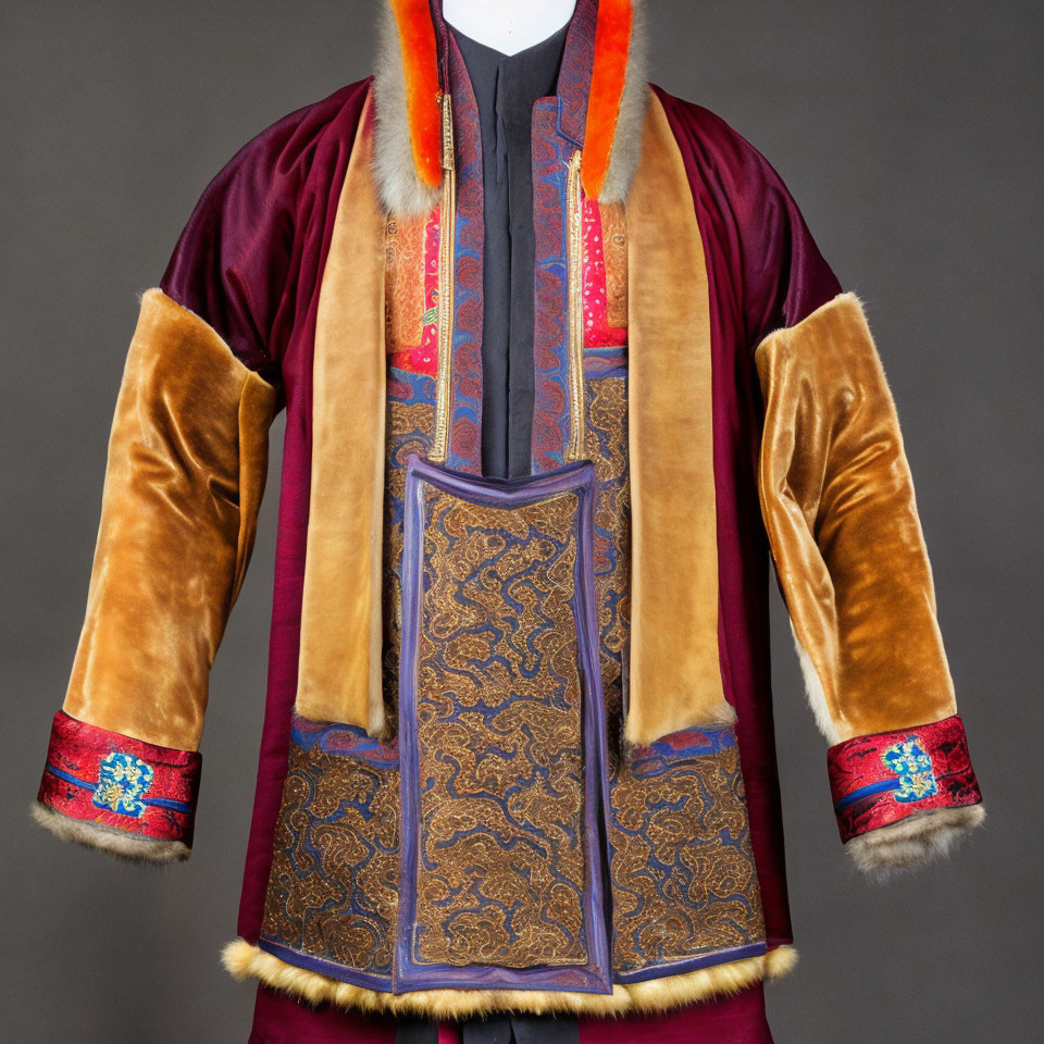 Burgundy and Golden-Brown Velvet Traditional Garment