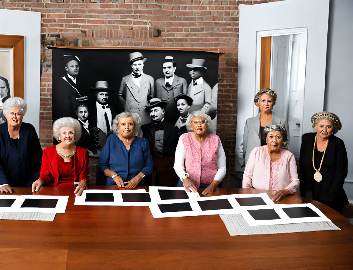 Seven elderly women with vintage photo of men in brick room