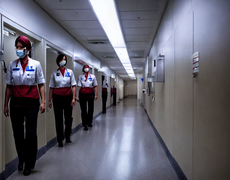 Three masked individuals in uniforms walking down hospital corridor