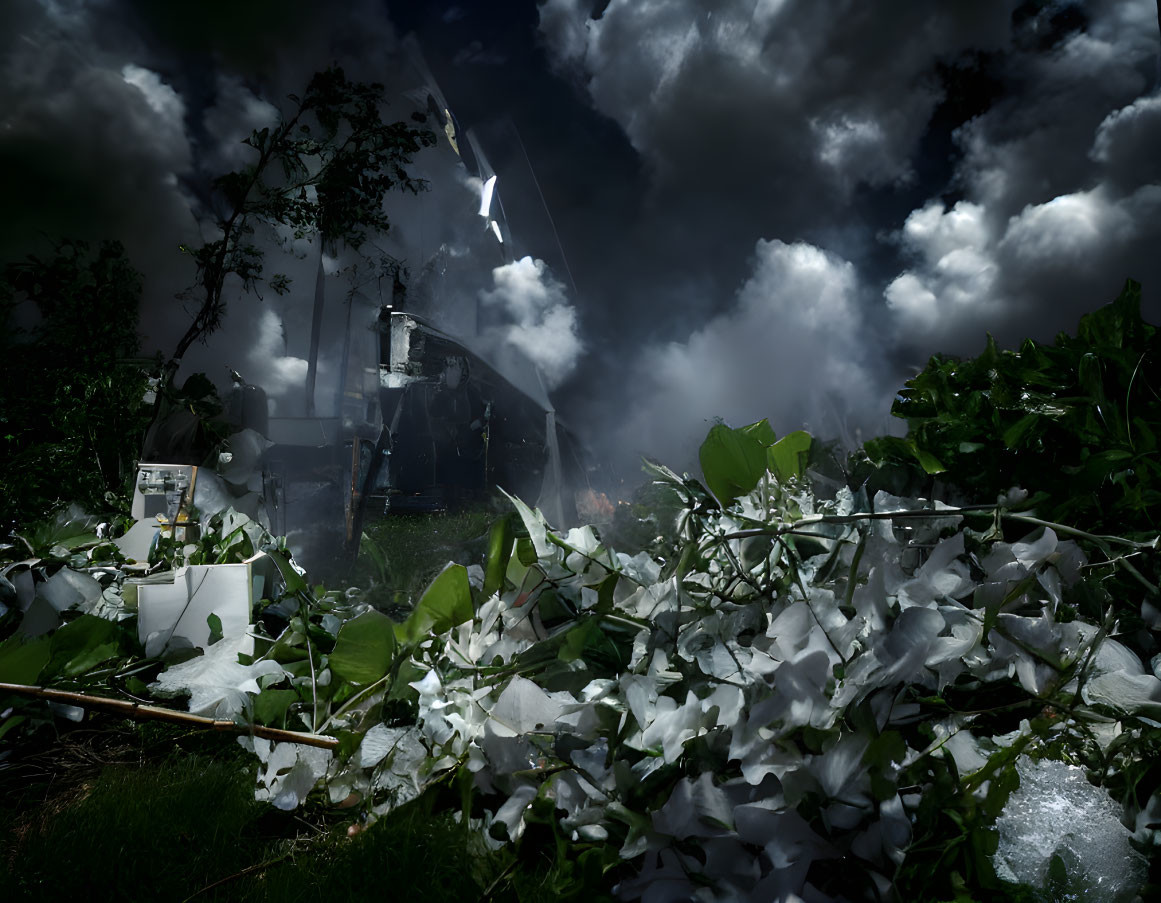 Dramatic train derailment scene with stormy clouds and intense light