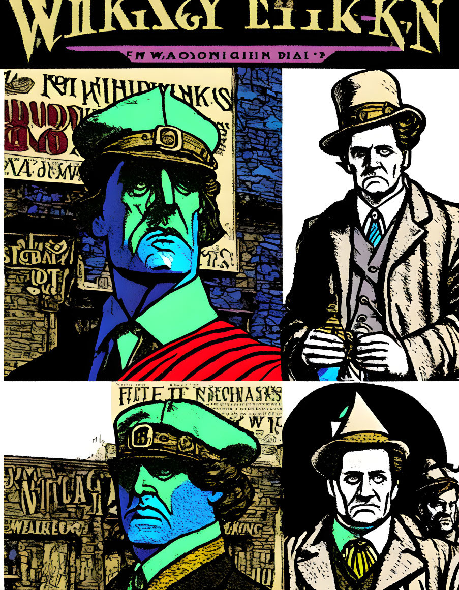 Man in Hat Triptych with Varied Color Schemes and Comic Book Art Style