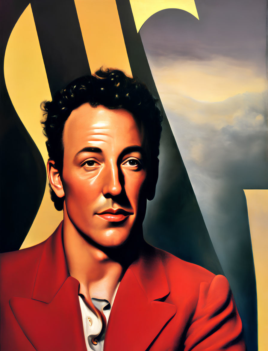 Stylized portrait of man in red jacket with oversized letter "S" on cloudy sky