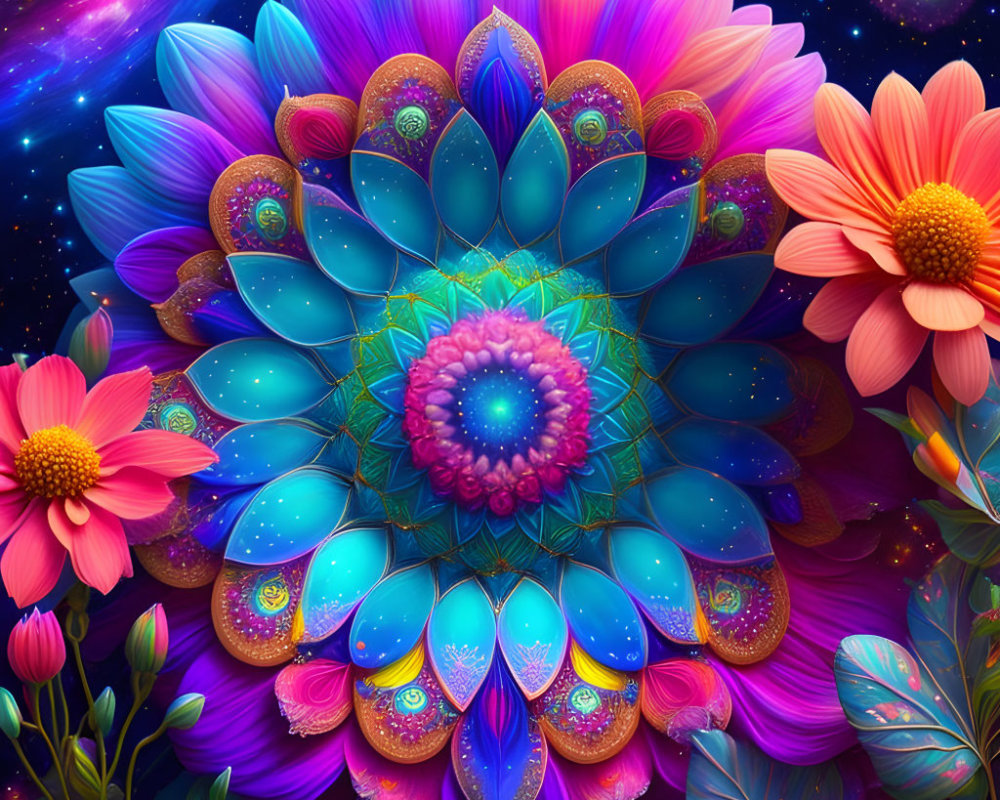 Colorful Symmetrical Mandala Flower Art with Cosmic Background