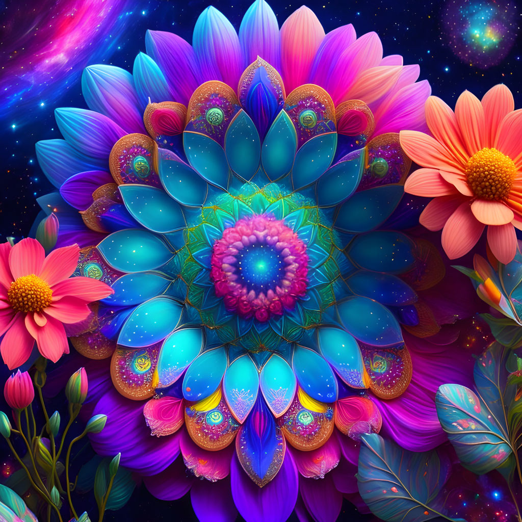 Colorful Symmetrical Mandala Flower Art with Cosmic Background