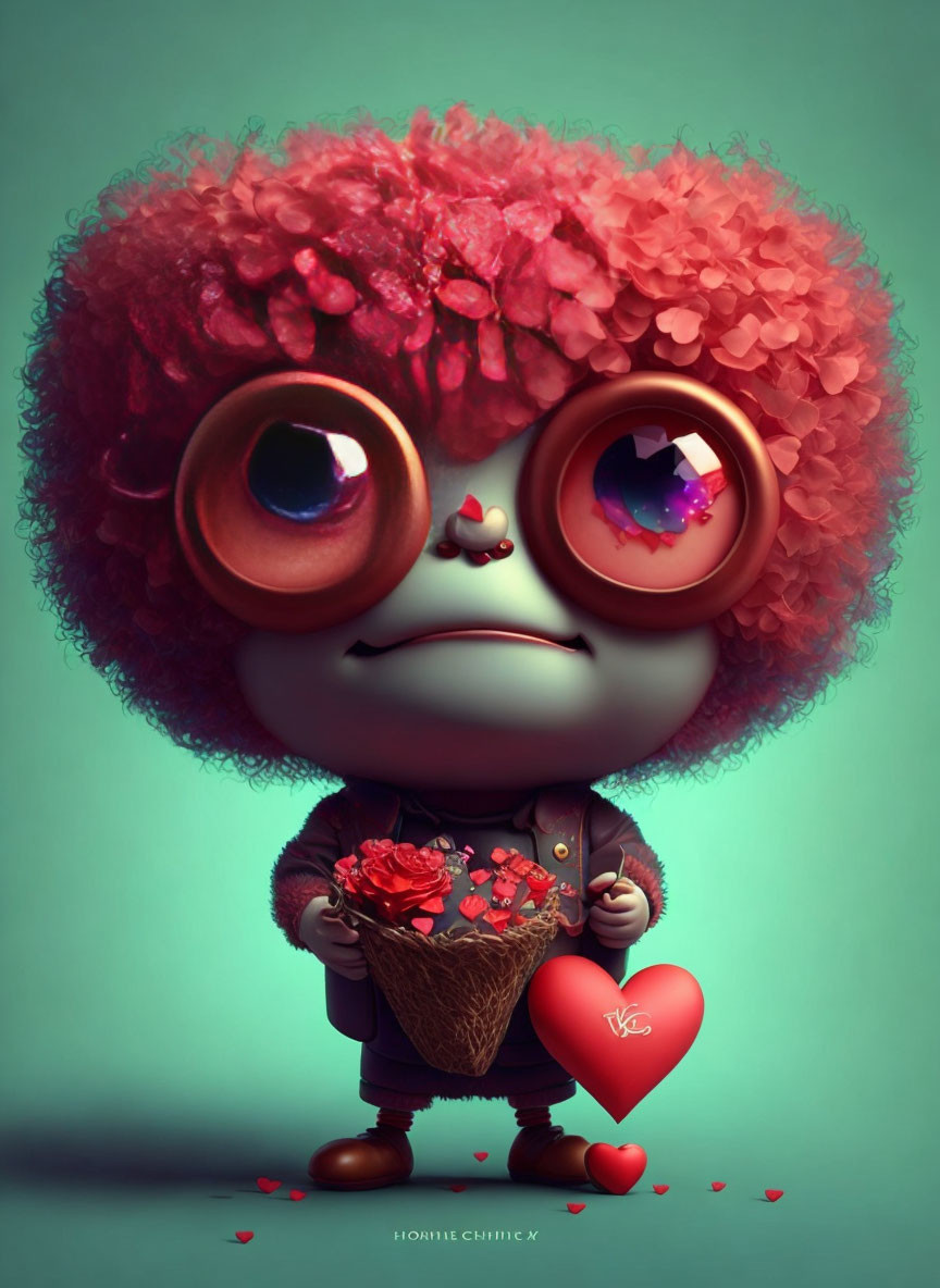 Character with Red Afro Holding Heart and Roses on Teal Background