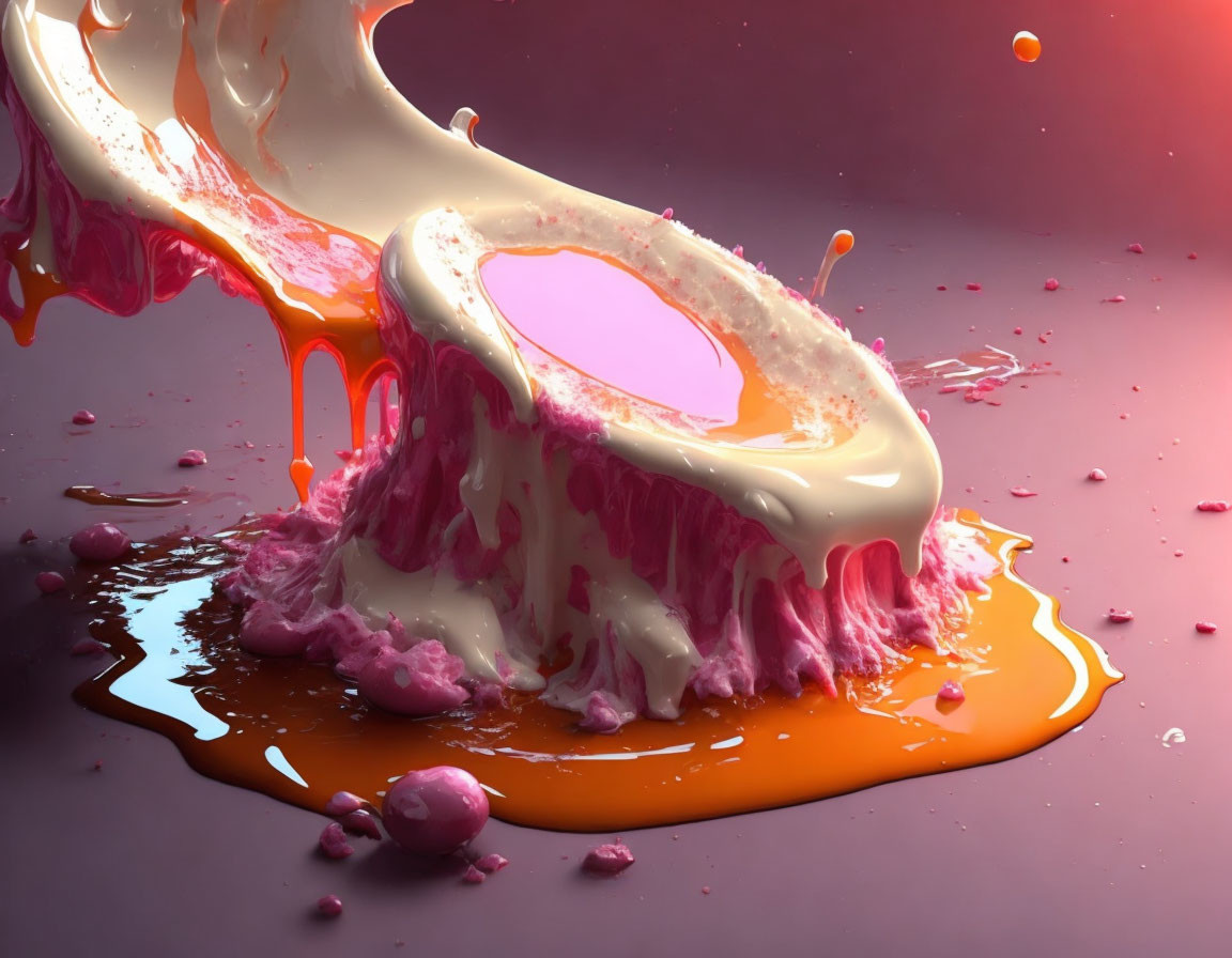 Vibrant pink and orange liquid splashes merging in artistic display