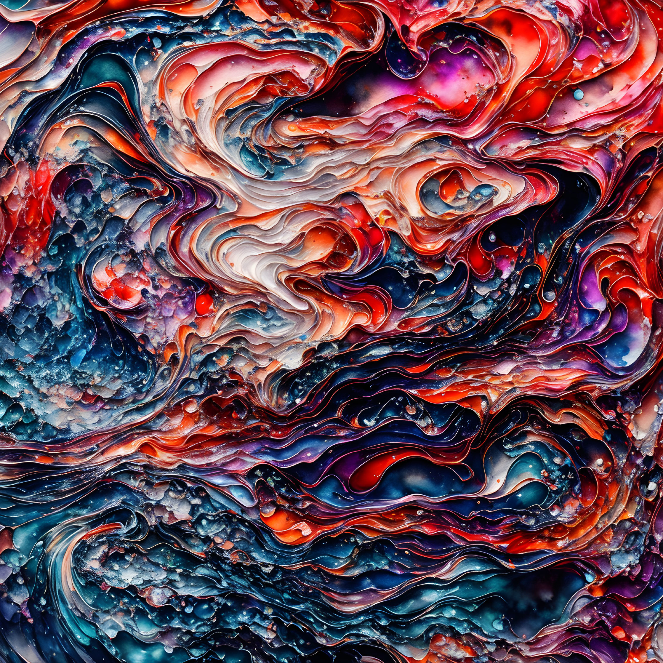 Colorful Swirling Patterns in Red, Blue, and Orange Fluid Art