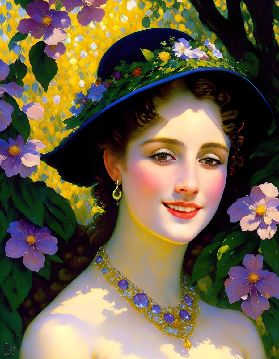 Smiling woman with blue hat in floral setting