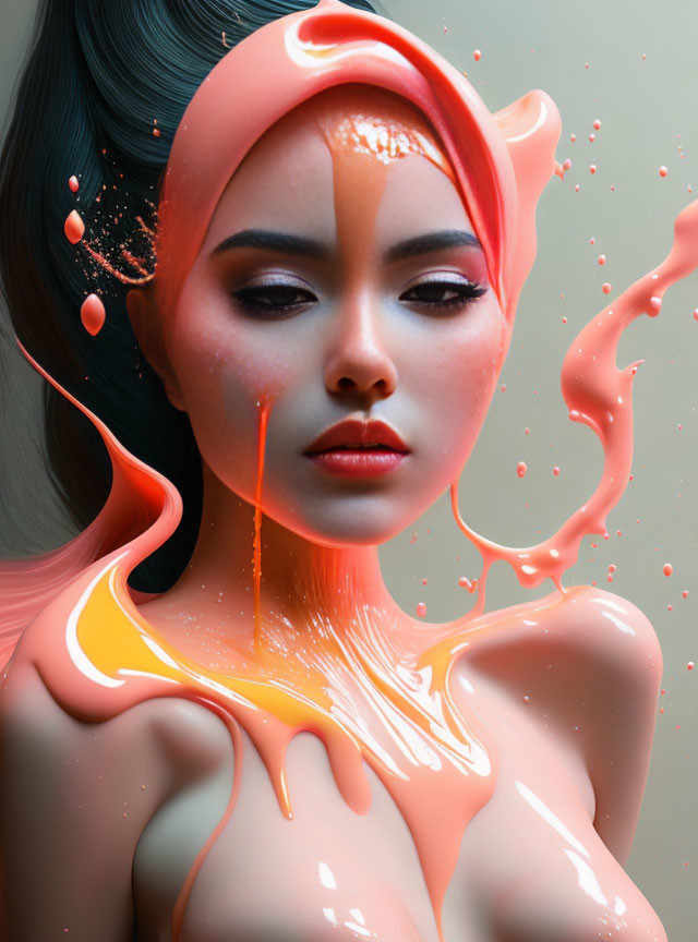 Surreal digital artwork featuring woman with orange liquid splash