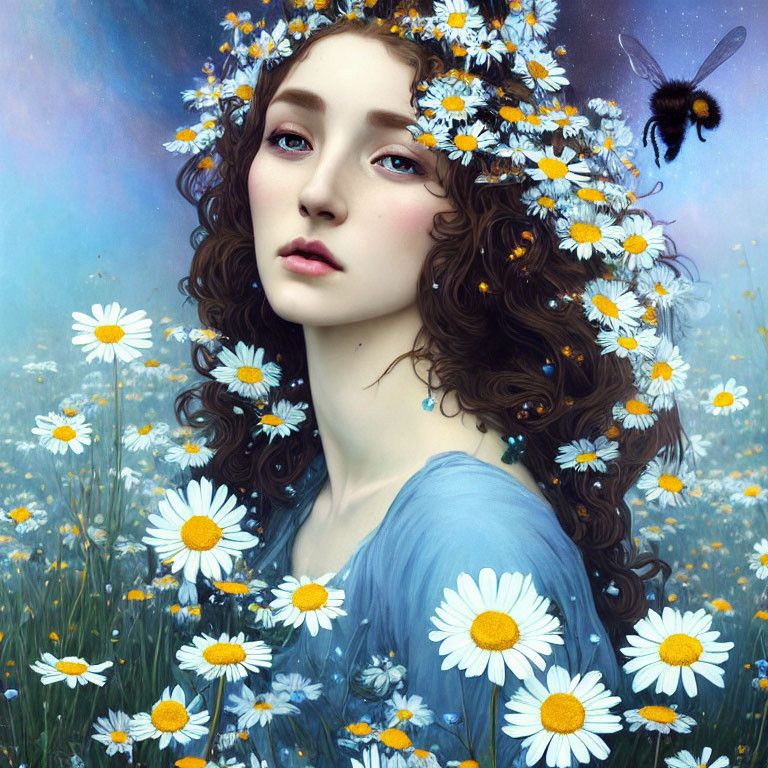 Woman with Daisy Crown and Bumblebee in Flower Field Scene