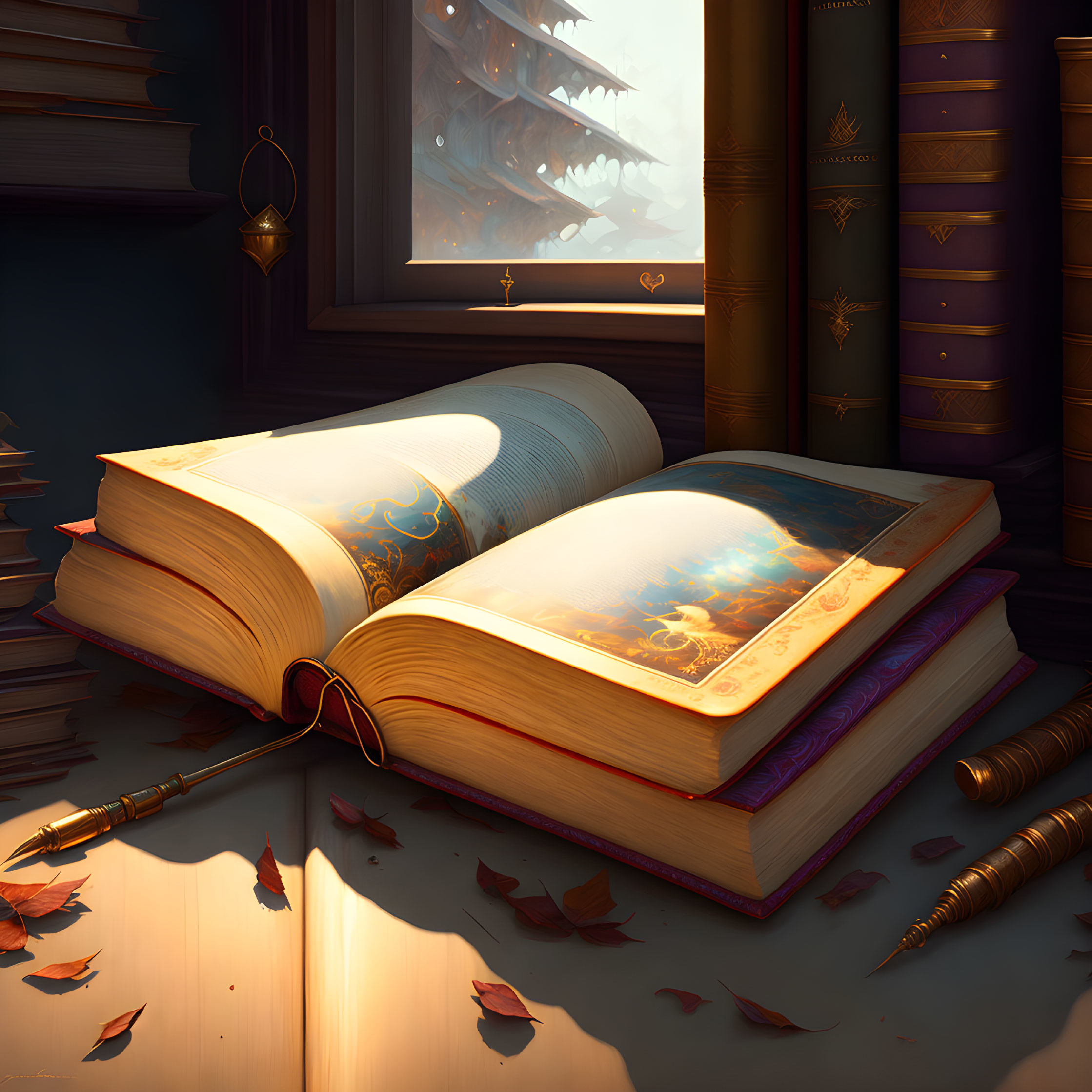 Fantasy book with vivid illustrations on wooden desk surrounded by books, quill, ink, and autumn