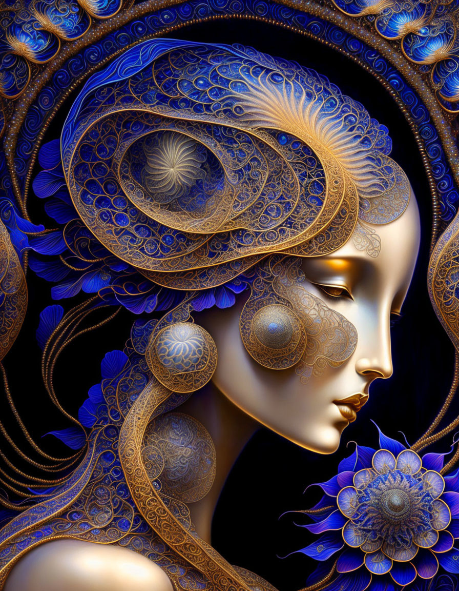 Blue and Gold Fractal Patterns on Woman in Digital Art