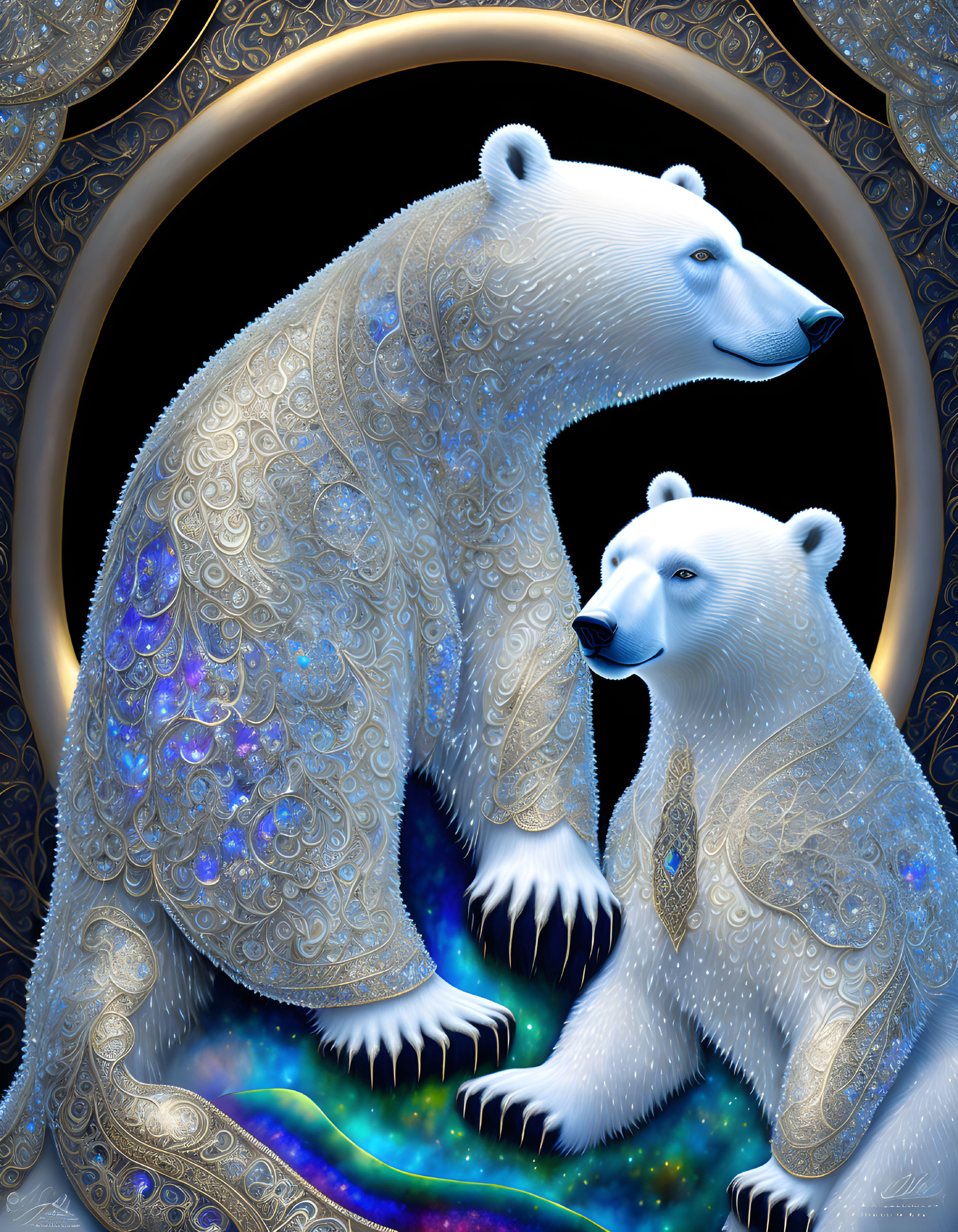 Ornate polar bears adorned with jewels on cosmic background