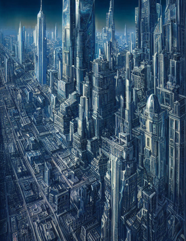 Futuristic night cityscape with skyscrapers and illuminated windows