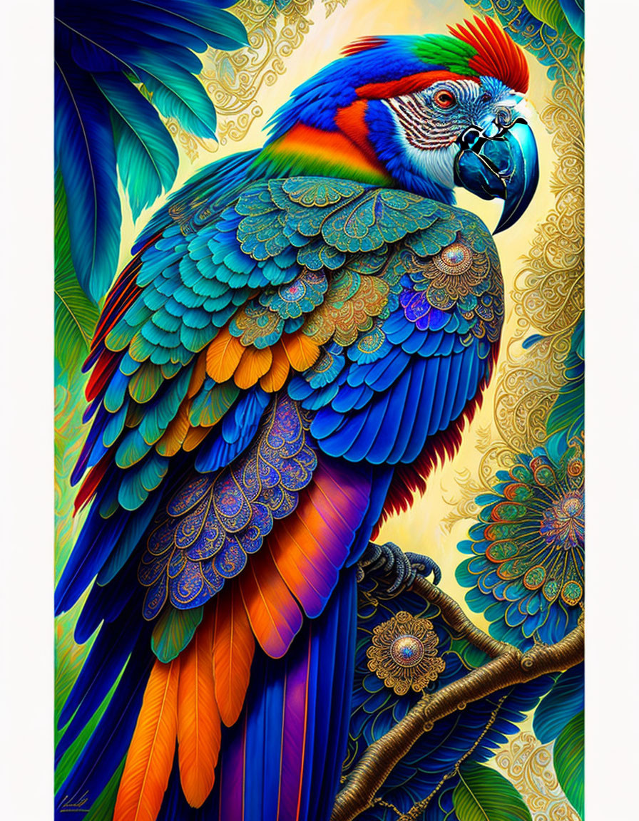 Colorful Macaw Illustration on Branch with Tropical Foliage