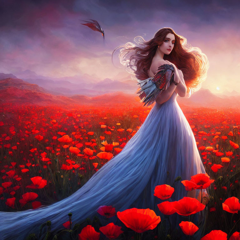 Woman in blue dress in red poppy field at sunset with flowing hair and bird.