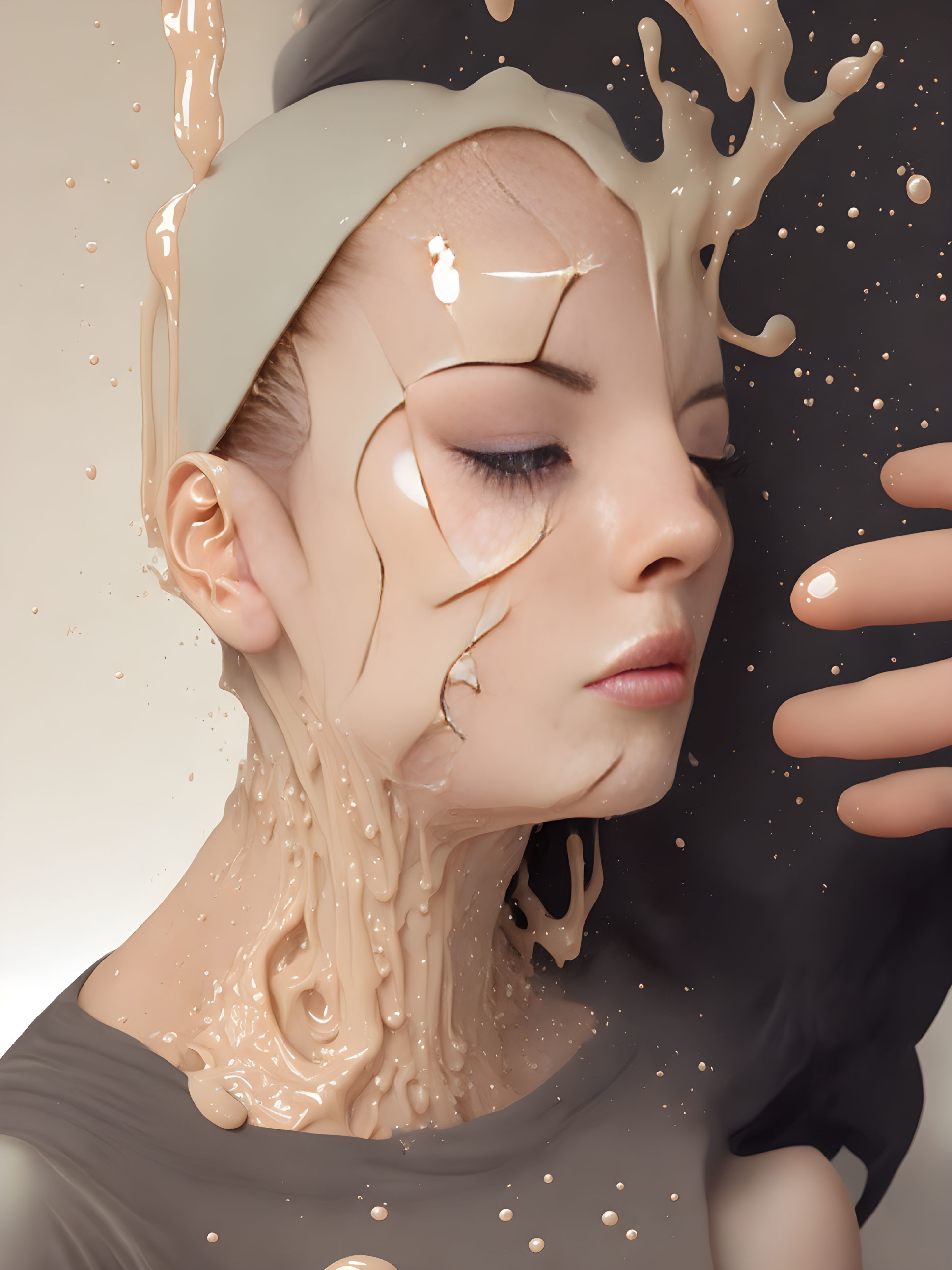 Serene woman with liquid texture covering face in blended tones
