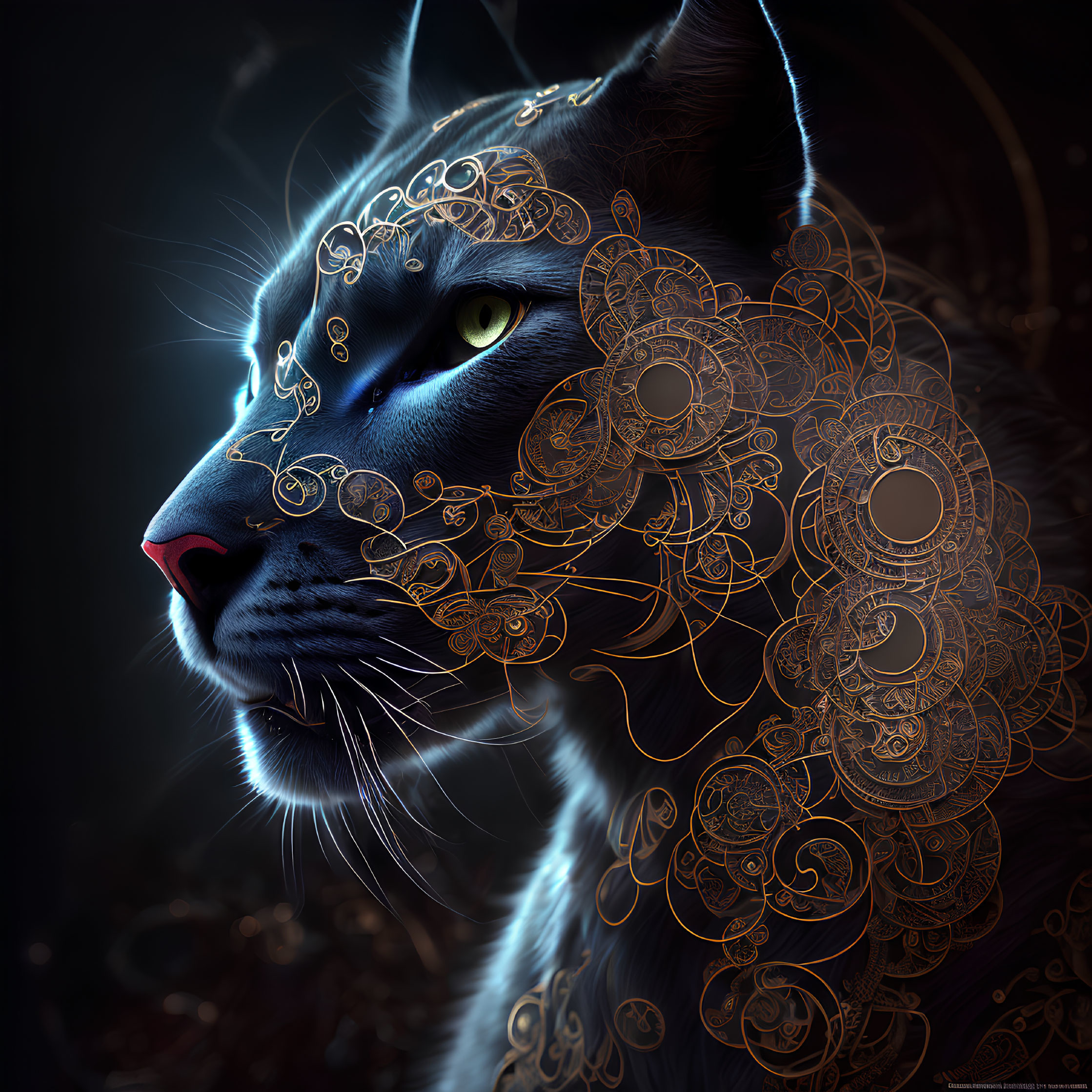 Digital Artwork: Black Cat with Gold Patterns and Green Eyes