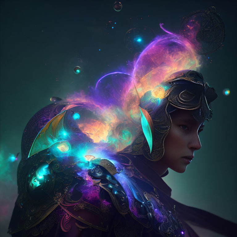 Cosmic-themed digital artwork with vibrant colors and ornate armor