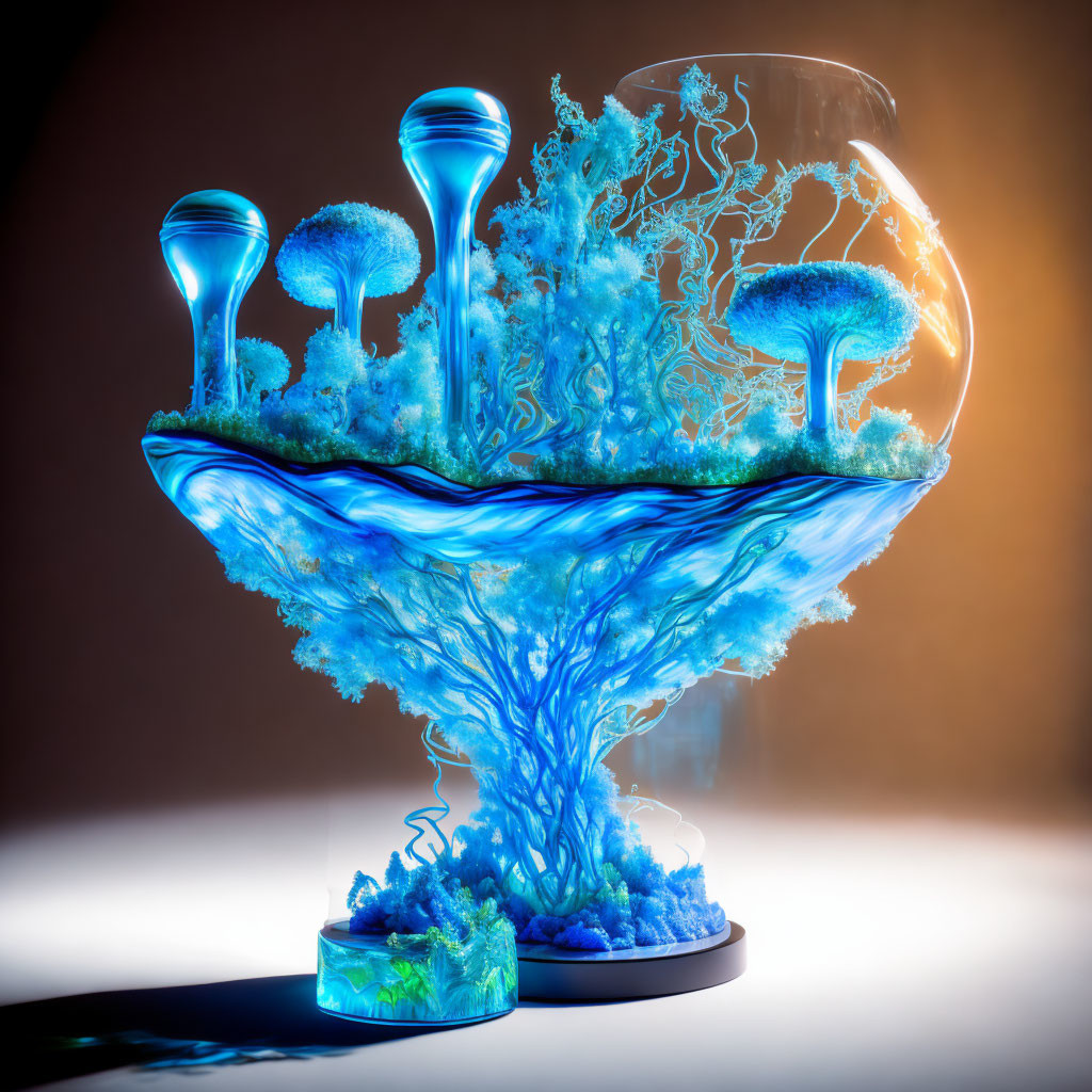 Colorful Blue Tree-Like Structure in Glass Bowl Resembling Underwater Ecosystem