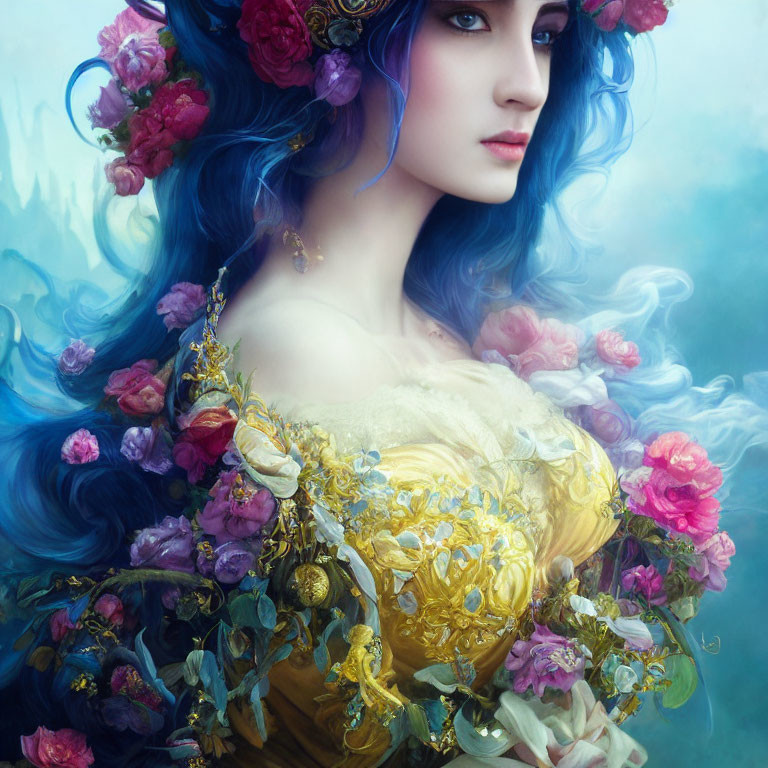 Fantastical portrait of woman with blue hair and floral crown in golden dress.